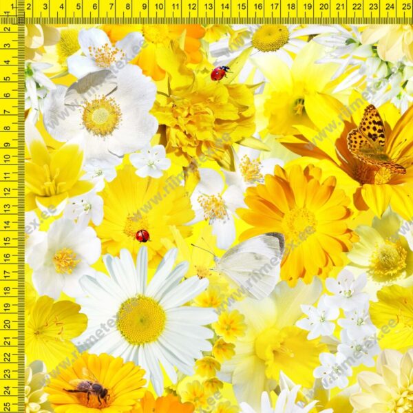 Kollaste lillede ja liblikatega dressikangas