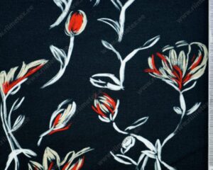 Trikotaažkangas punased lillekontuurid mustal /Single Jersey/