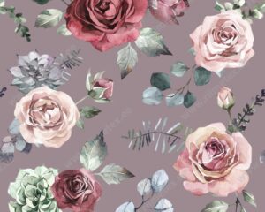 Puuvillatrikotaaž roosid roosakas-pruunil akvarell /Single Jersey/